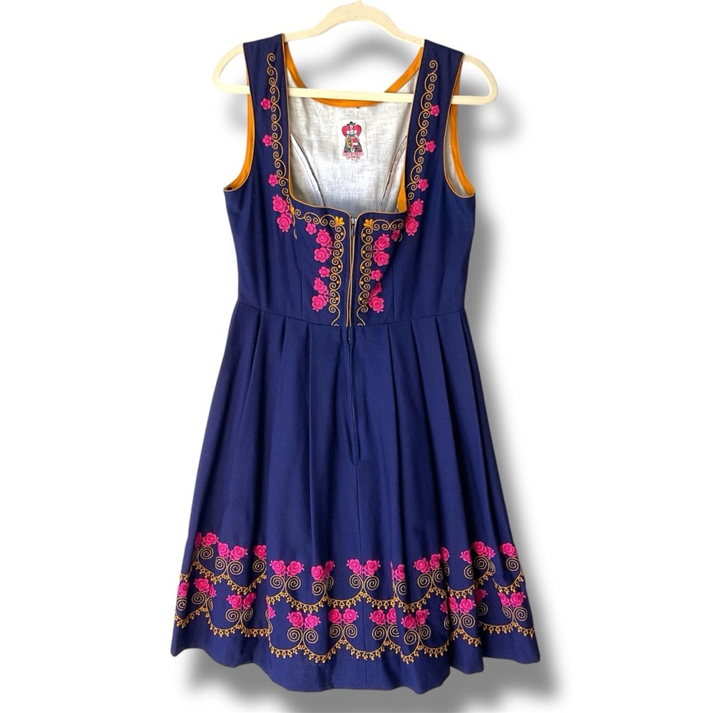 Salzburger Dirndl Alpine Embroidered Dress in Dark Blue EU Size 44/ US 12